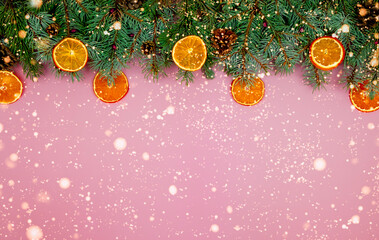 Fototapeta na wymiar top view of pink christmas new year background with dried oranges, green sprigs of christmas tree and falling snow place for text and congratulations