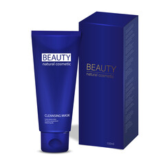 Blue plastic tube for cosmetics with a cardboard box layout. Front view. Vector illustration on a white background. Can be used for your design, advertising, promo, etc. EPS 10.