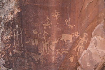 USA, Utah, Petroglyphs of Newspaper Rock Historic National Monument near Canyonlands National Park.