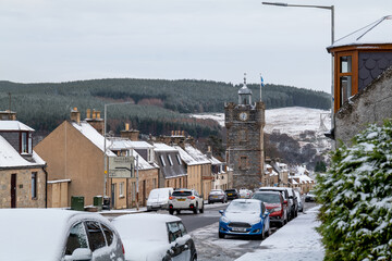 DUFFTOWN, MORAY, SCOTLAND - 2 DECEMBER 2021: This is the snow covered Malt Whisky Capital,...