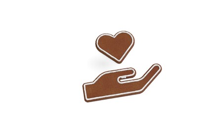 3d rendering of gingerbread symbol of hand holding heart isolated on white background