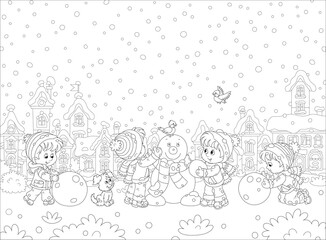 Happy little kids making big snow balls and sculpting a funny snowman with a striped scarf on a winter playground in a snowy park of a pretty small town, black and white vector cartoon illustration