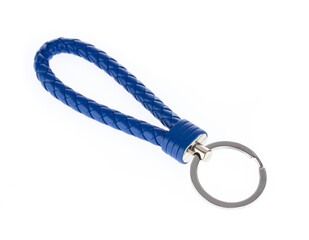 Blue Leather Rope Keychain isolated on white background.