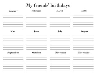 Friends Birthdays. Yearly calendar of friends birthday in English language