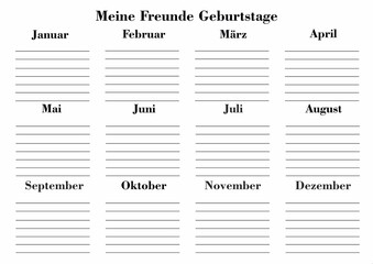 Friends Birthdays. Yearly calendar of friends birthday in German language