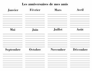 Friends Birthdays. Yearly calendar of friends birthday in French language