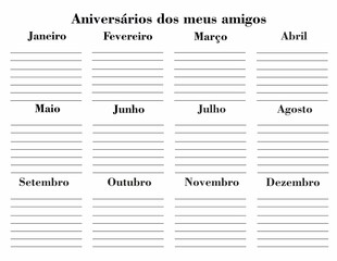 Friends Birthdays. Yearly calendar of friends birthday in Portugal language