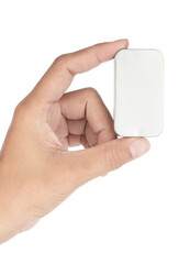 Hand holding aluminum silver box isolated on white background.