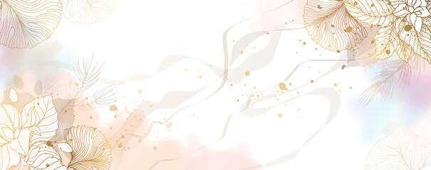 Luxurious golden wallpaper. Banner with white background blue and pink watercolor stains. Golden Poinsettia leaves wall art with a shiny light texture. Modern art mural wallpaper. Vector illustration.