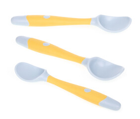 Collection of Bendable kids training Spoon Fork Set isolated on white background.