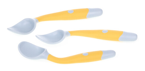 Collection of Bendable kids training Spoon Fork Set isolated on white background.