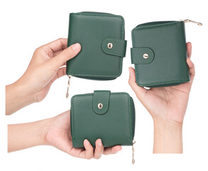 Set of Hand holding green wallet isolated on white background. - 472875975
