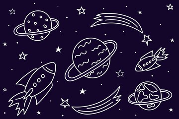 Space illustration, stars and planets in handdrawn style, vector illustration