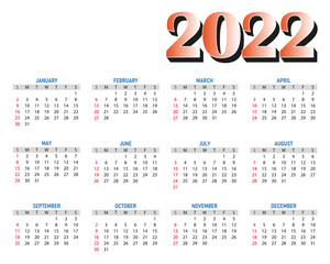 Calendar 2022 template. Blue, orange and black colors. Monthly design Vector. Week start on Sunday