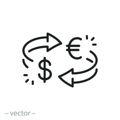currency exchange icon, arrows spin, convert money, transfer cash,  financial exchange, thin line symbol - editable stroke vector illustration - obrazy, fototapety, plakaty