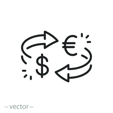 currency exchange icon, arrows spin, convert money, transfer cash,  financial exchange, thin line symbol - editable stroke vector illustration