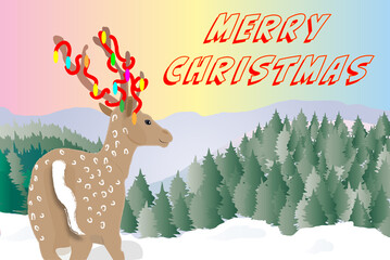 Merry Christmas with a reindeer and snowy landscape 