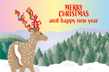 Merry Christmas and happy new year with reindeer and snowy landscape