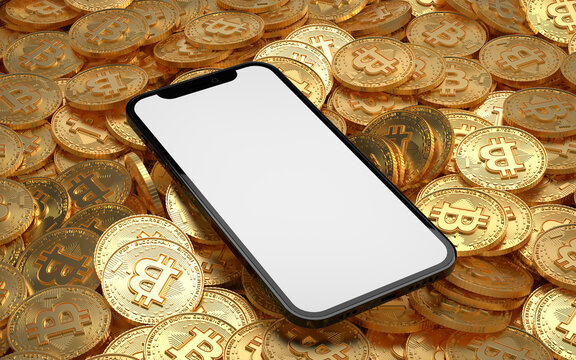 Closeup Mobile phone mockup blank screen and some physical bitcoins cryptocurrencies on a background. 3D rendering. Cryptocurrency coin logo 2p2 exchange, blockchain technology