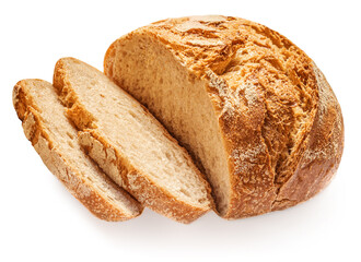 Freshly baked Bread with crumbs  isolated on white background.  Sliced, cutted wheat bread.