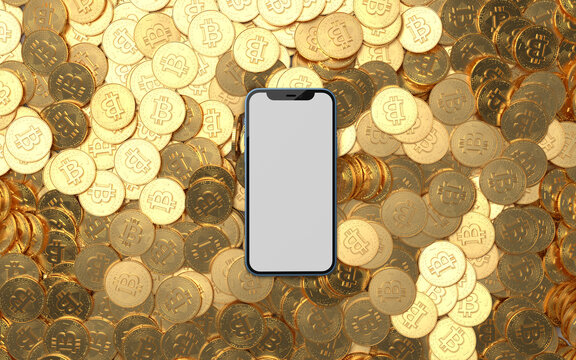 one Mobile phone mockup blank screen and some physical bitcoins cryptocurrencies on a background. 3D rendering. Cryptocurrency coin logo 2p2 exchange, blockchain technology