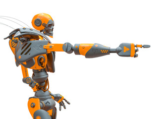 skull bot is pointing the way in a white background side view