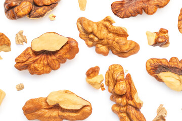Walnut Isolated. Walnut kernel Nut  on white background. Pattern. Top view. Flat lay.