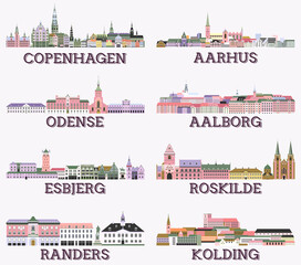 Denmark main cities cityscapes in rich pastel bright colorful palette