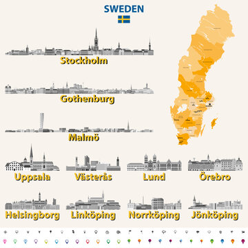 Swedish skylines in grayscale color palette. Flag and map of Sweden