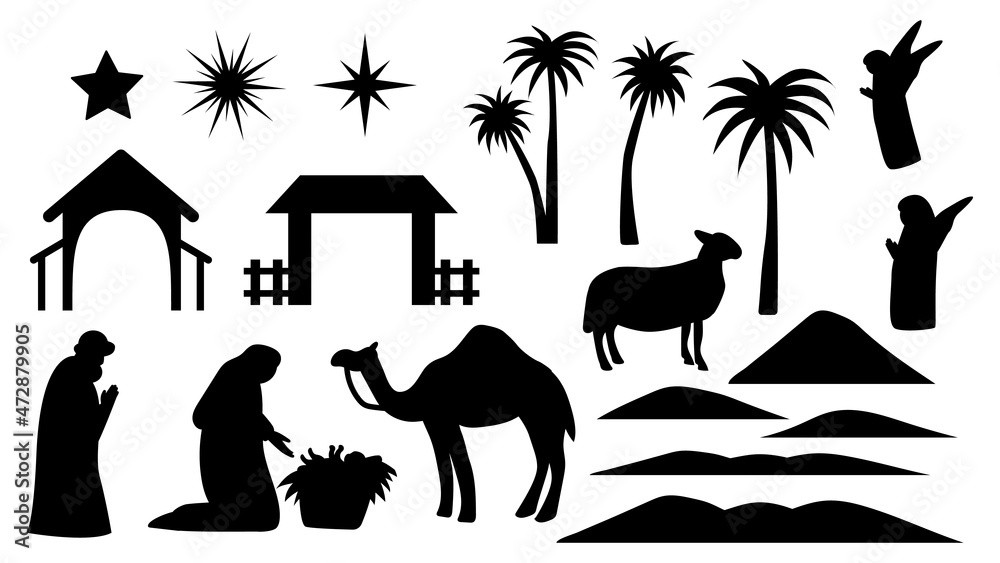 Wall mural Holy night of birth of child jesus christ silhouette scene from religion christianity nativity scene. Biblical Religious History of Catholics. Cut for scrapbooking and print. Vector illustration.