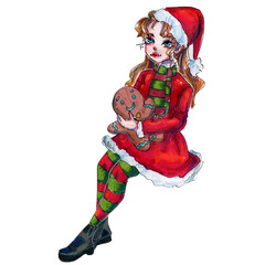 A girl dressed as Santa Claus with a gingerbread man in her arms. Watercolor Christmas, New Year illustration.