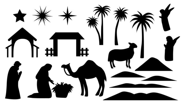 Holy night of birth of child jesus christ silhouette scene from religion christianity nativity scene. Biblical Religious History of Catholics. Cut for scrapbooking and print. Vector illustration.