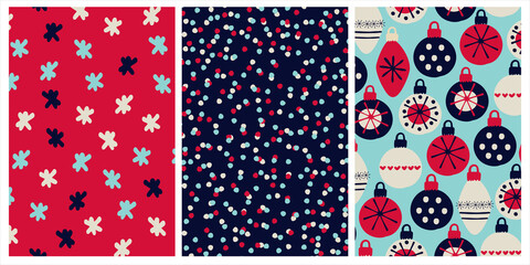 Set of seamless patterns for Christmas, New Year gifts wrapping paper. Festive vibrant backgrounds with snowflakes, confetti, bauble ornaments