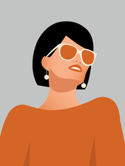 Stylish beautiful woman with black bob haircut in earrings and glasses. International womens day in retro flat design style. Modern Art. Confidence and equality concept. 