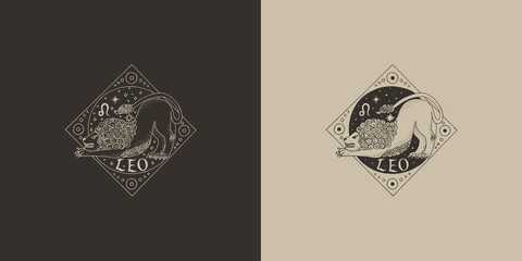 Outline zodiac sign Leo. Astrological symbol. Horoscope. Set of two variants of logos on a dark and light background