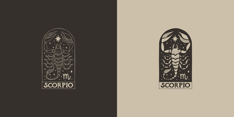 Outline zodiac sign Scorpio. Astrological symbol. Horoscope. Set of two variants of logos on a dark and light background