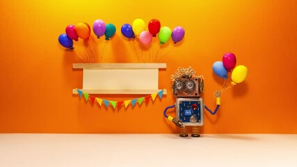 Happy Birthday, Christmas, New Year party or Opening shop ceremony, event invitation, start of a project, business template. Funny kind toy robot with colourful balloons. Wooden sign decorated
