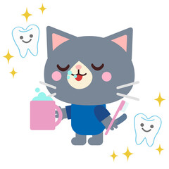 歯磨きをするネコイラスト