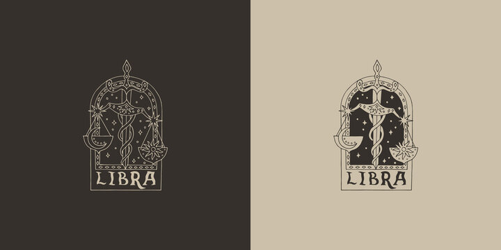 Outline zodiac sign Libra. Astrological symbol. Horoscope. Set of two variants of logos on a dark and light background