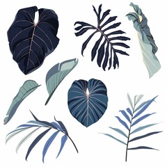 Realistic illustration set of tropical palm leaves and plants isolated on white background. Colorful blue plant collection. Botanical elements for cosmetics, spa, beauty care products.
