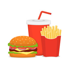 Fast food set. Hamburger, french fries, soda. Vector composition on a white background.