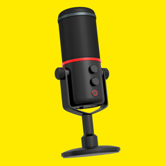 3D rendering of black studio condenser microphone isolated on yellow background
