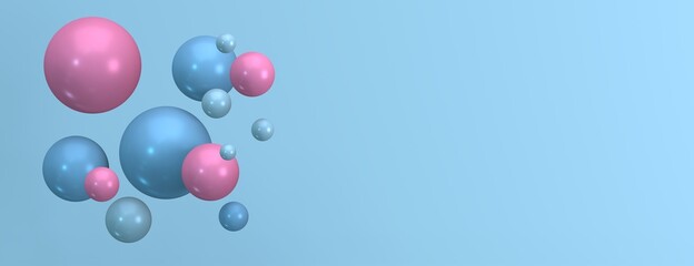 Abstract composition of randomly located spheres in red and blue colors on a light blue background. 3d render