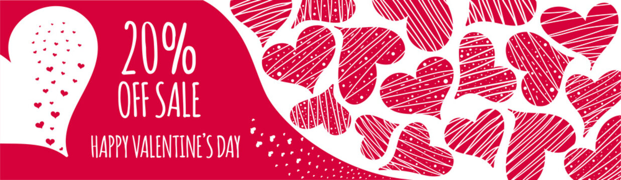 Valentine's Day Sale. Banner or poster with many pink heards. Hand drawn vector illustration, EPS10.