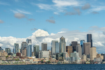 Usa, Washington State, Seattle, downtown skyline viewed from Elliott Bay in Puget Sound