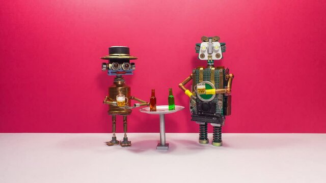 A meeting of two robot friends at a bar. Two robotic toy characters are drinking beer at the bar table, clinking glasses, gesturing and talking. They get drunk and say goodbye to each other, shaking