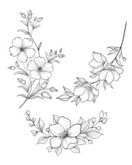 Hand drawn branch of sakura with blooms, flowers, leaves, petals. Modern line art style. Botanical composition for card, invitation, logo, fabric print.