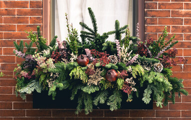 Fototapeta na wymiar Wide window box arrangement filled with winter seasonal flowers and plants full window