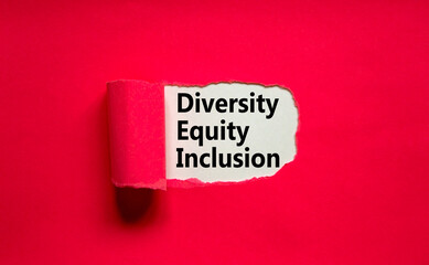 Diversity, equity, inclusion DEI symbol. Words DEI, diversity, equity, inclusion appearing behind torn pink paper. Pink background. Business, diversity, equity, inclusion concept, copy space.