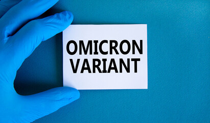 New covid-19 omicron variant strain symbol. Hand in blue glove with white card. Concept words...